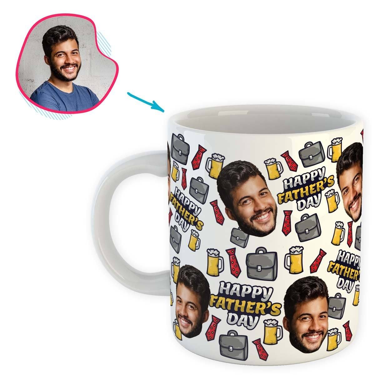 White Fathers Day personalized mug with photo of face printed on it