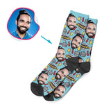 Load image into Gallery viewer, Blue Fathers Day personalized socks with photo of face printed on them
