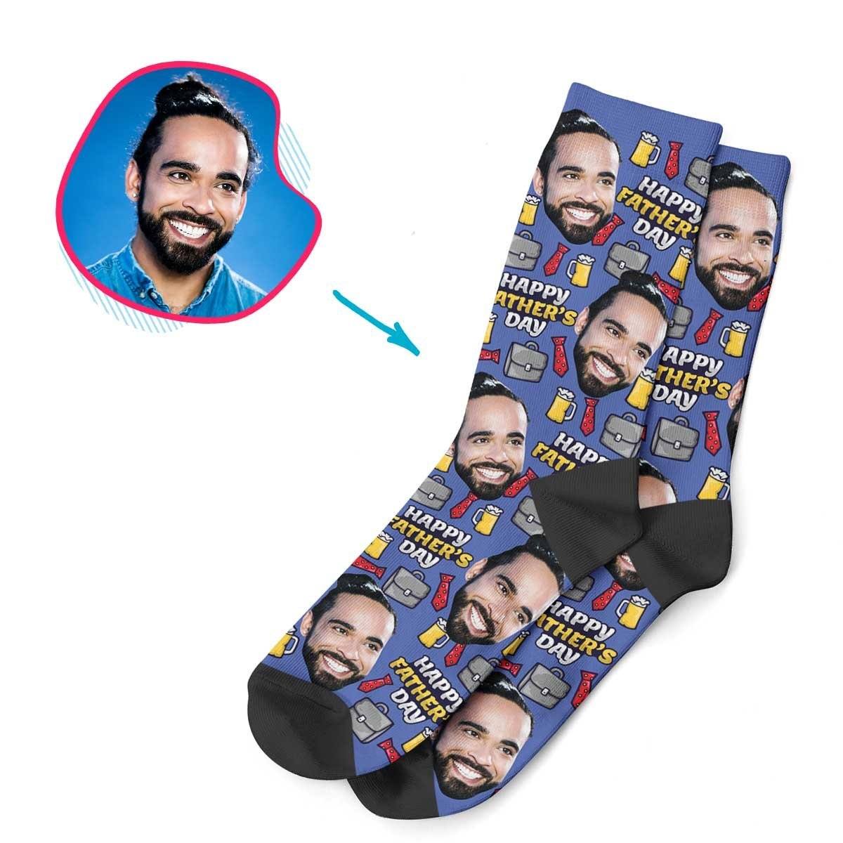 Darkblue Fathers Day personalized socks with photo of face printed on them