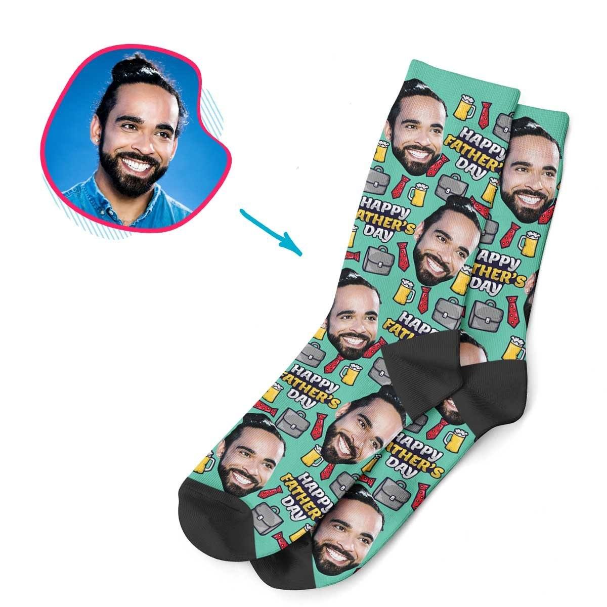 Mint Fathers Day personalized socks with photo of face printed on them