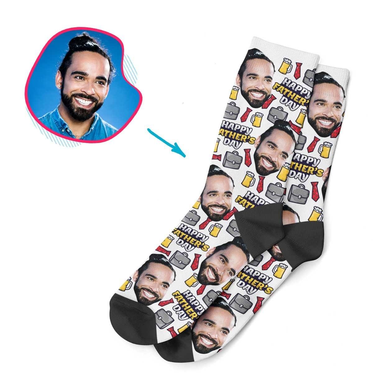 White Fathers Day personalized socks with photo of face printed on them