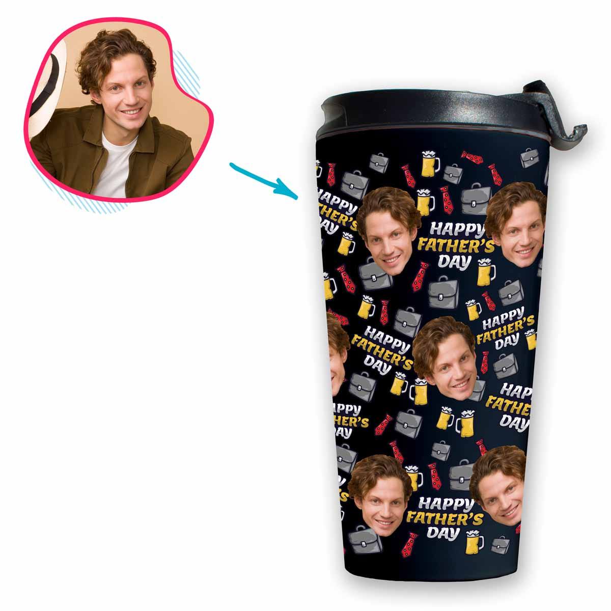 Dark Fathers Day personalized travel mug with photo of face printed on it