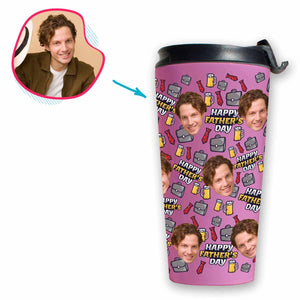 Pink Fathers Day personalized travel mug with photo of face printed on it