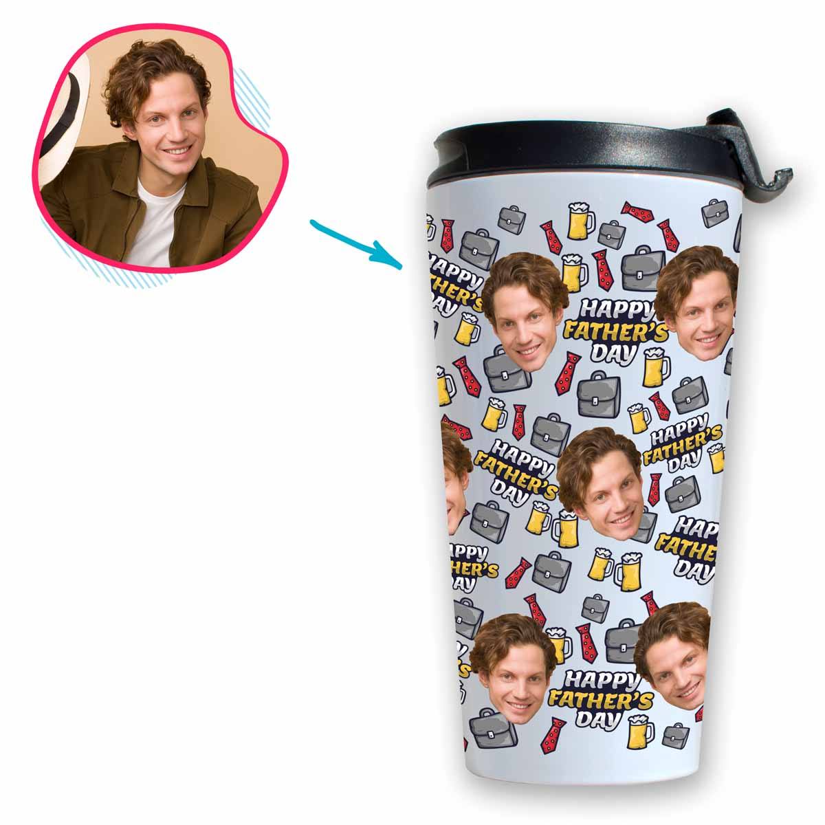 White Fathers Day personalized travel mug with photo of face printed on it