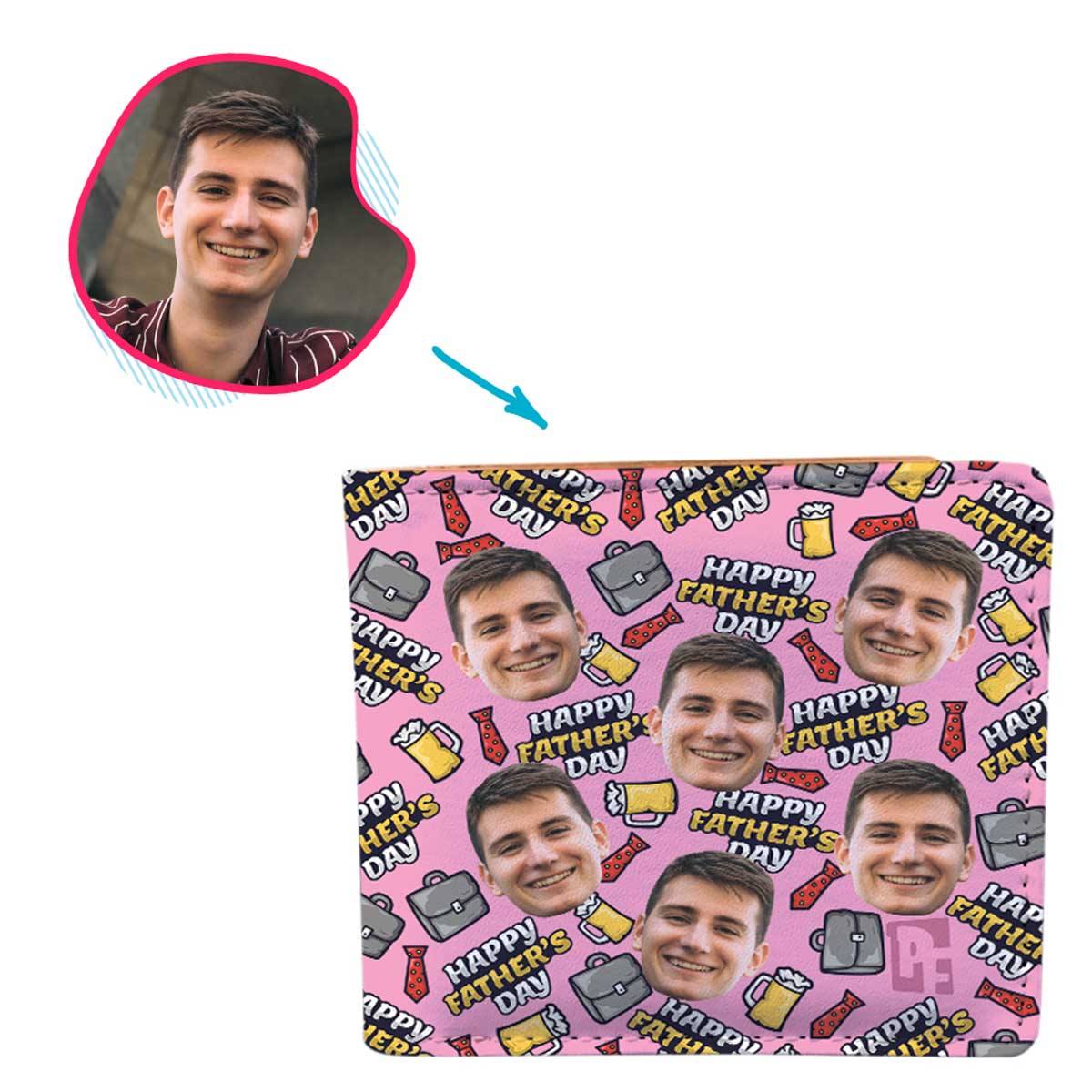 Pink Fathers Day personalized wallet with photo of face printed on it
