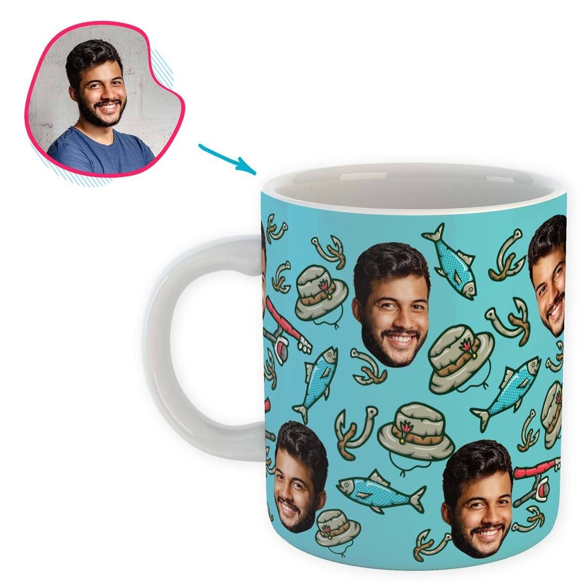 Blue Fishing personalized mug with photo of face printed on it