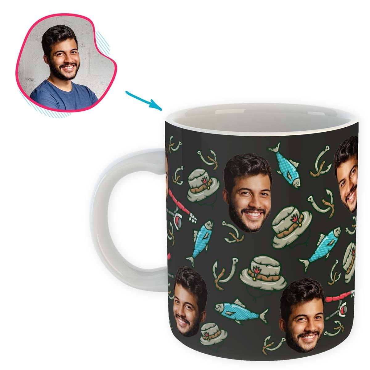 Dark Fishing personalized mug with photo of face printed on it