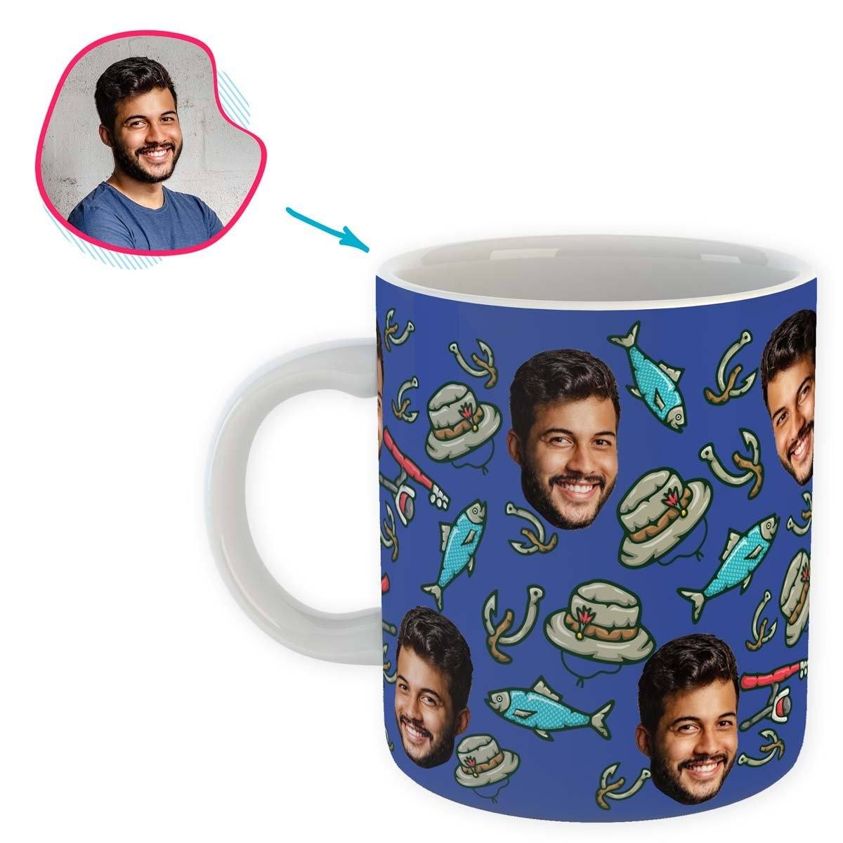 Darkblue Fishing personalized mug with photo of face printed on it