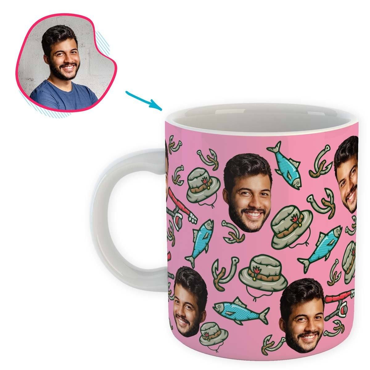 Pink Fishing personalized mug with photo of face printed on it