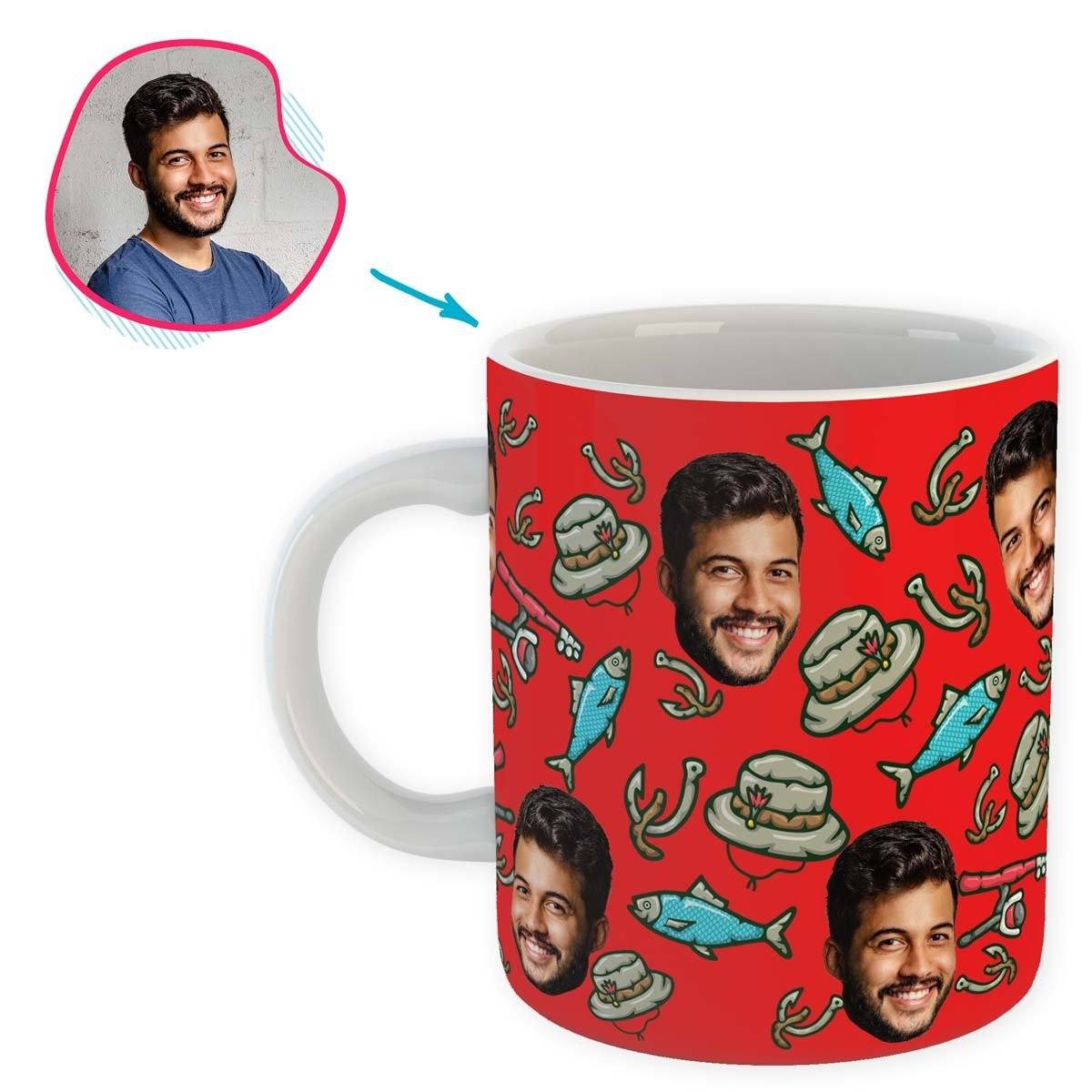 Red Fishing personalized mug with photo of face printed on it