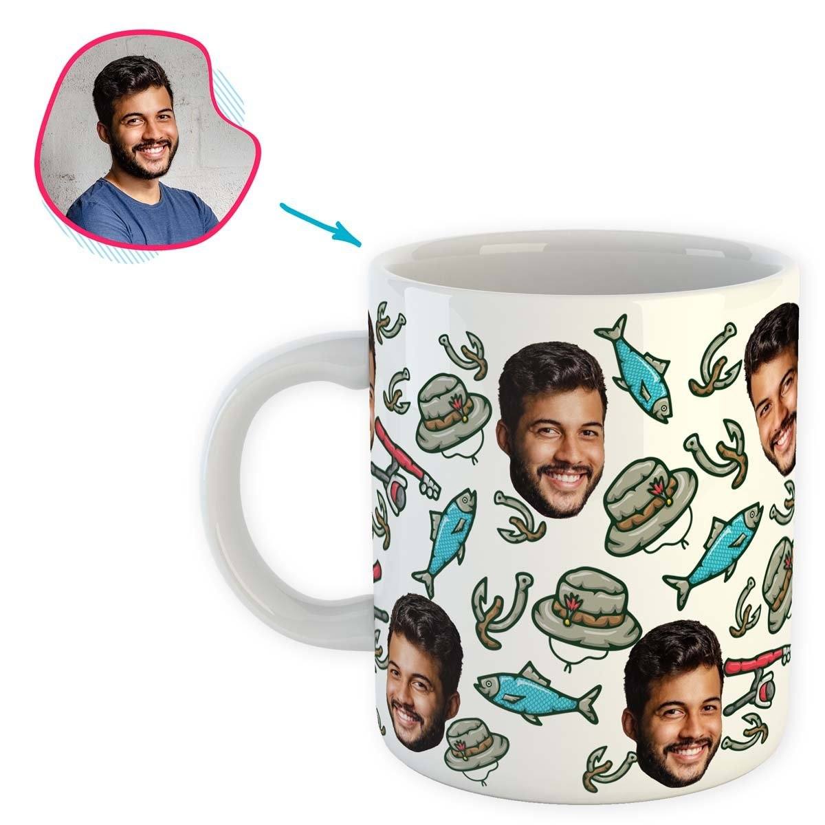 White Fishing personalized mug with photo of face printed on it