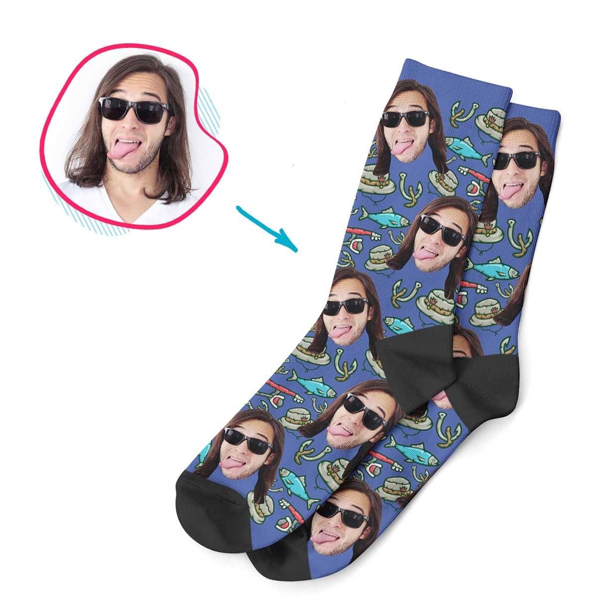 Darkblue Fishing personalized socks with photo of face printed on them