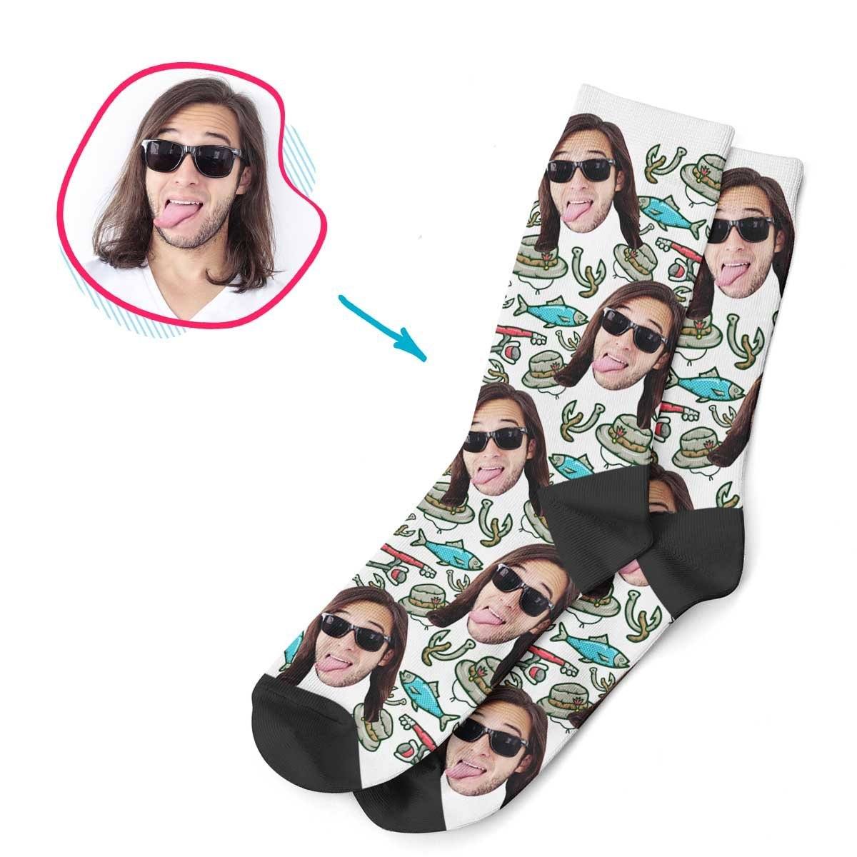 White Fishing personalized socks with photo of face printed on them