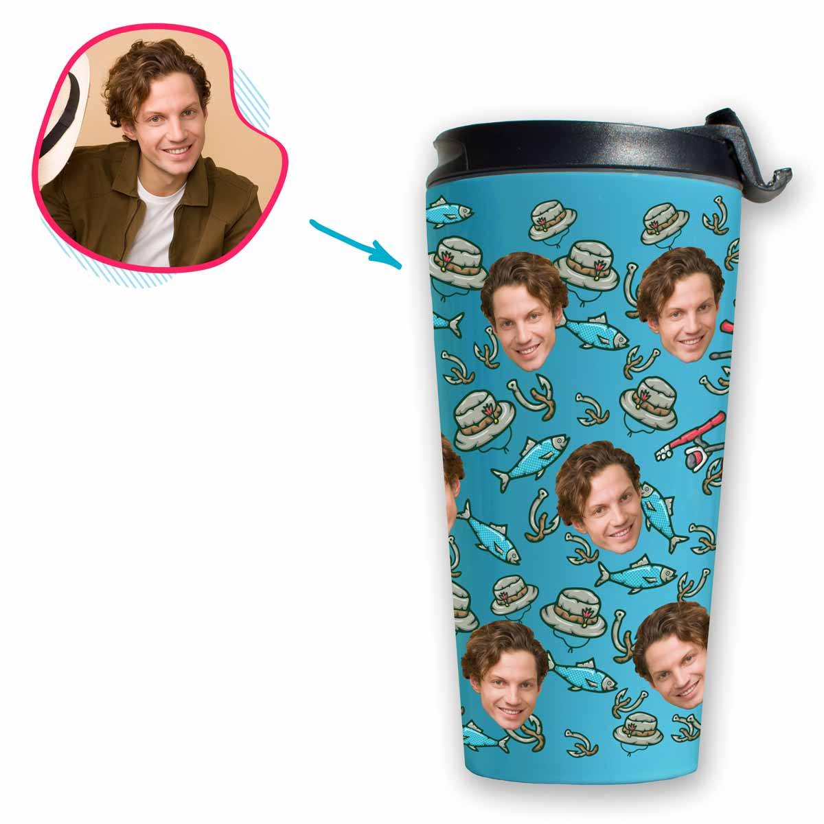 Blue Fishing personalized travel mug with photo of face printed on it