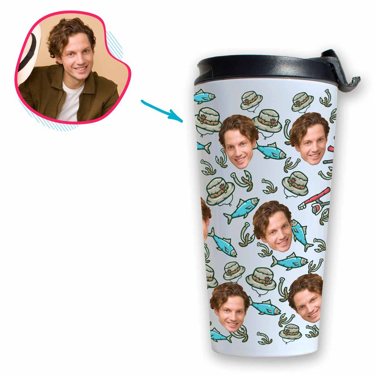 White Fishing personalized travel mug with photo of face printed on it