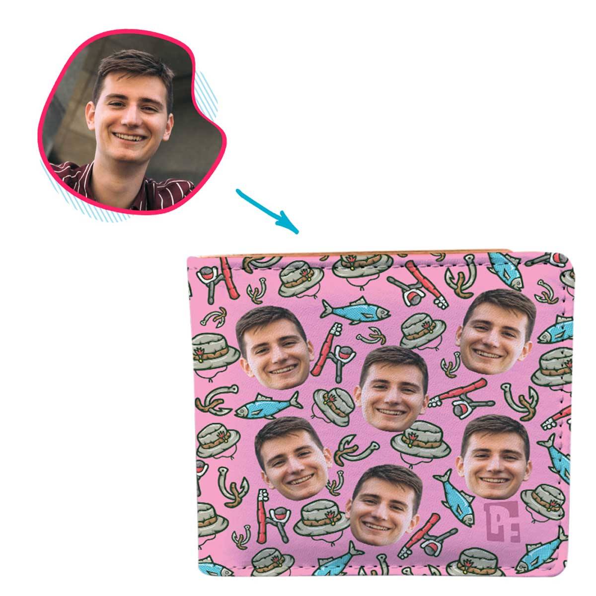 Pink Fishing personalized wallet with photo of face printed on it