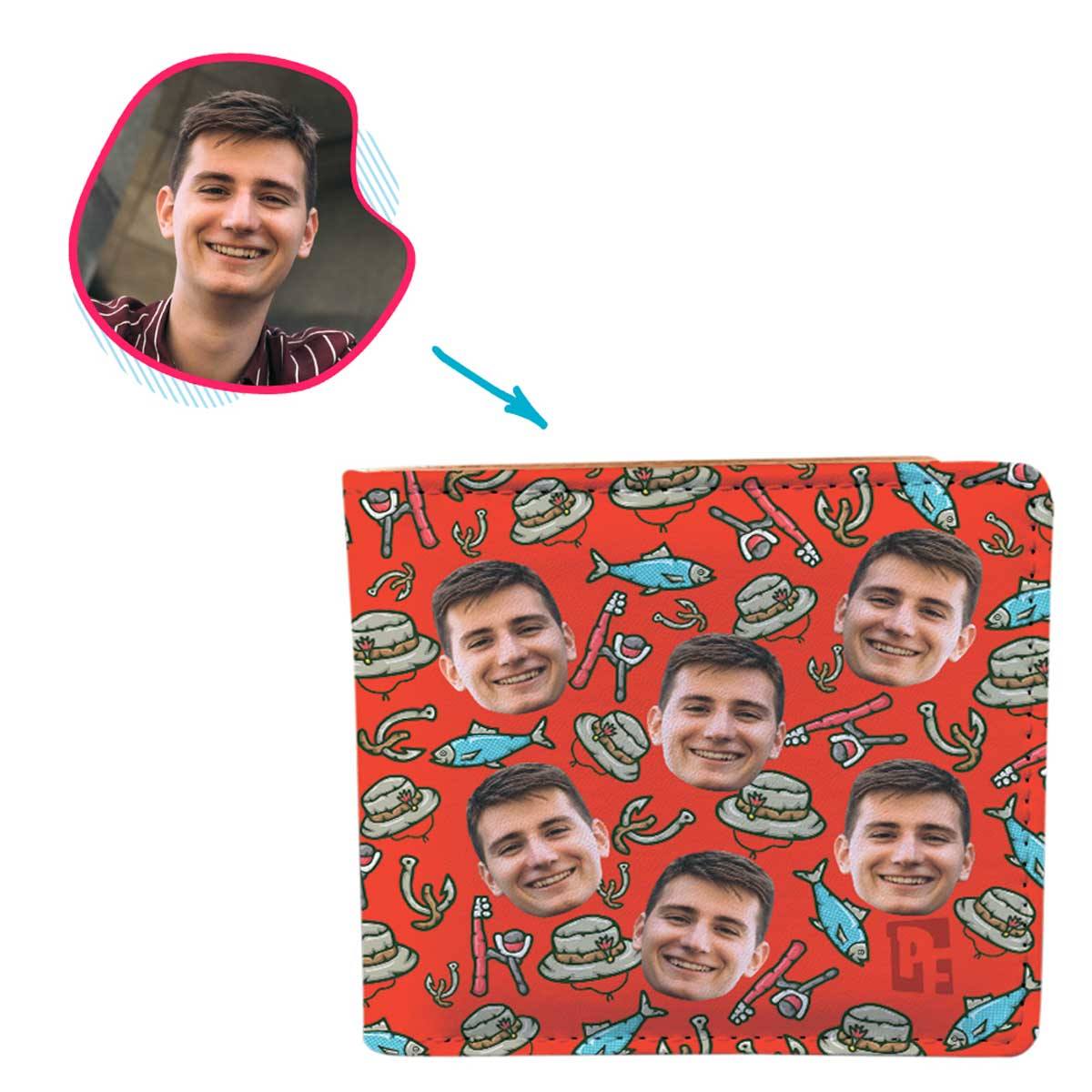 Red Fishing personalized wallet with photo of face printed on it