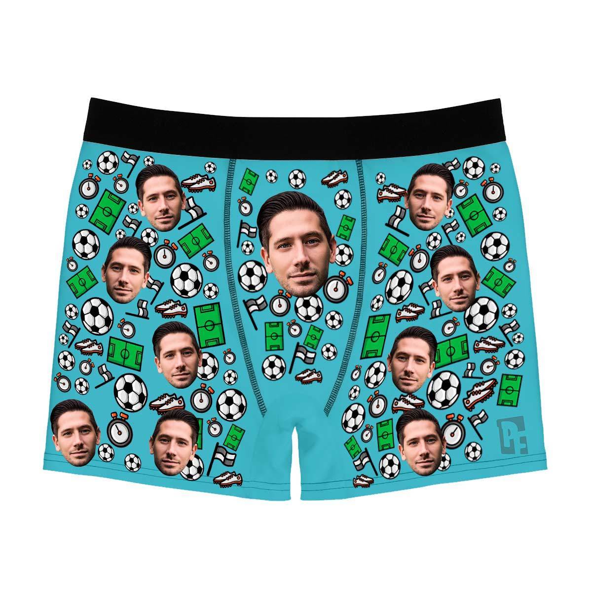 Blue Football men's boxer briefs personalized with photo printed on them
