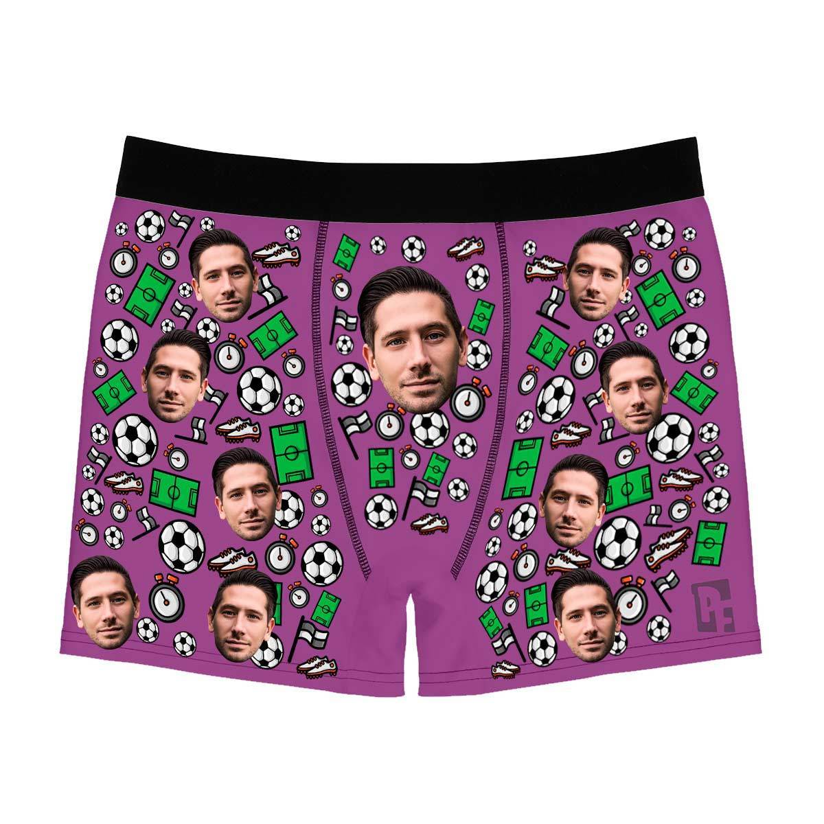 Purple Football men's boxer briefs personalized with photo printed on them