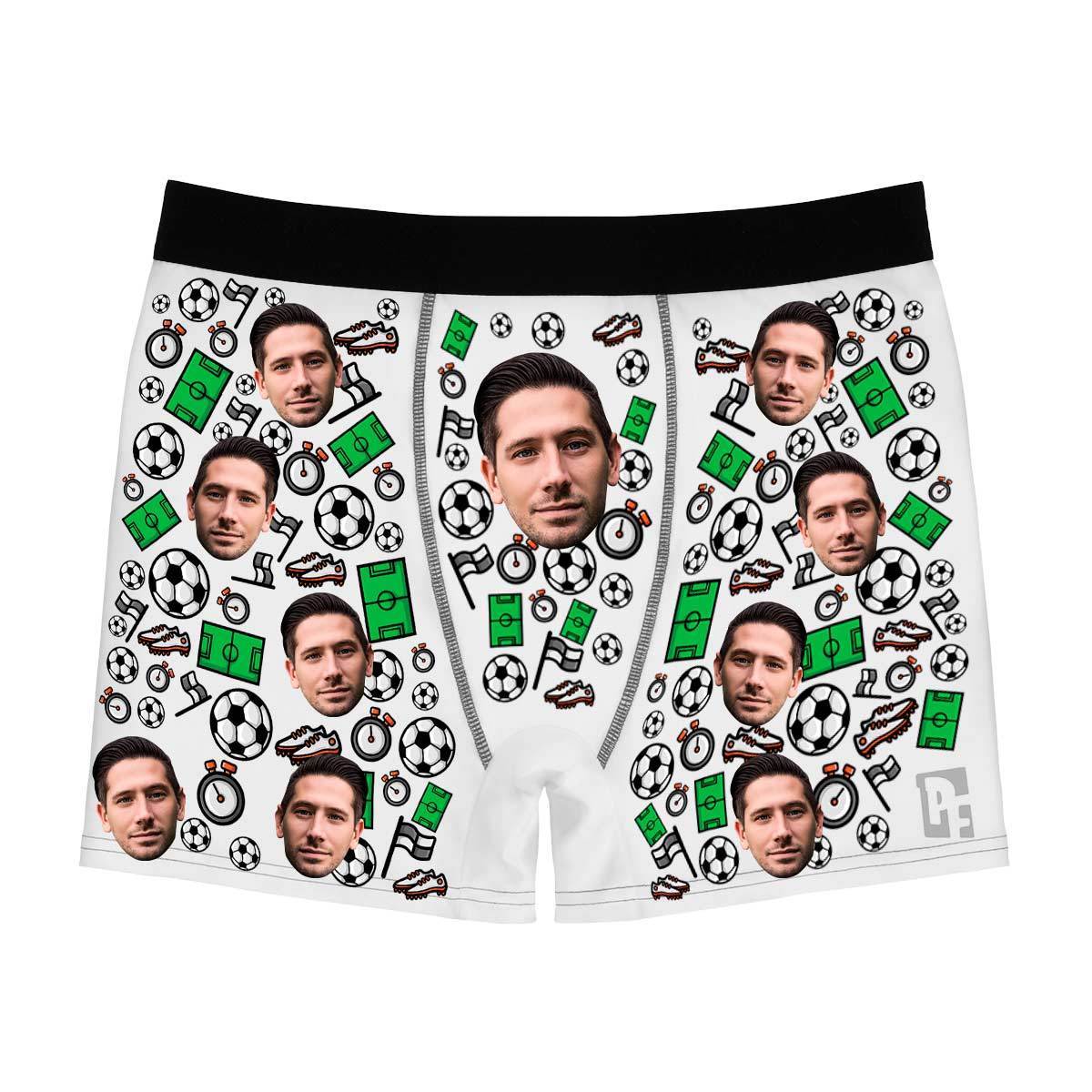 White Football men's boxer briefs personalized with photo printed on them