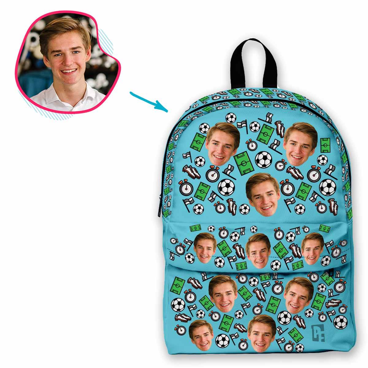blue Football classic backpack personalized with photo of face printed on it