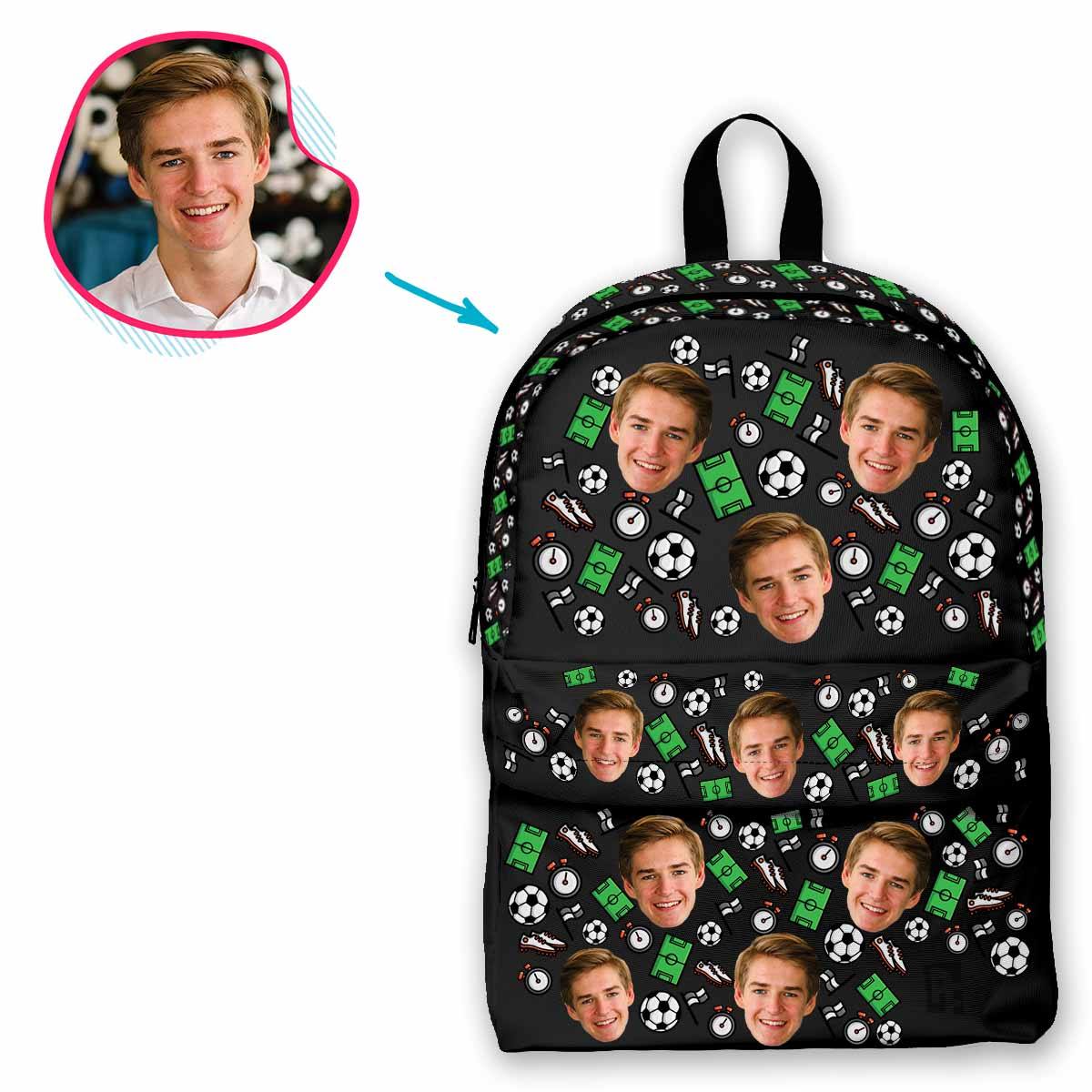 dark Football classic backpack personalized with photo of face printed on it