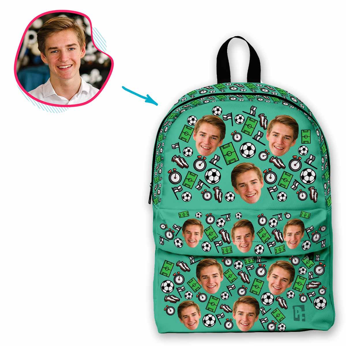 mint Football classic backpack personalized with photo of face printed on it