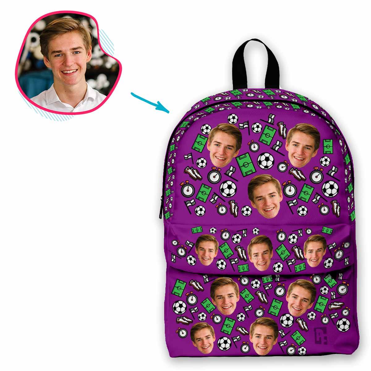 purple Football classic backpack personalized with photo of face printed on it