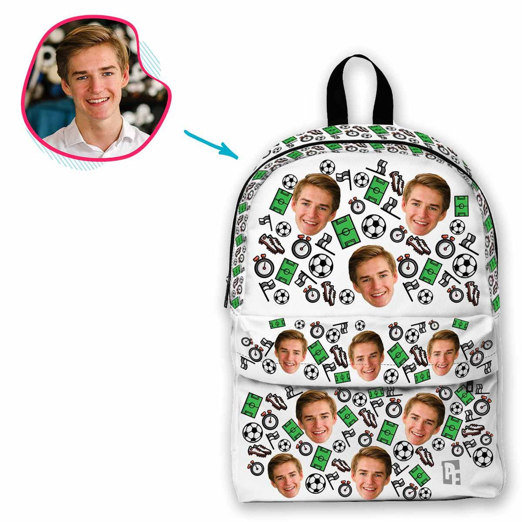 white Football classic backpack personalized with photo of face printed on it