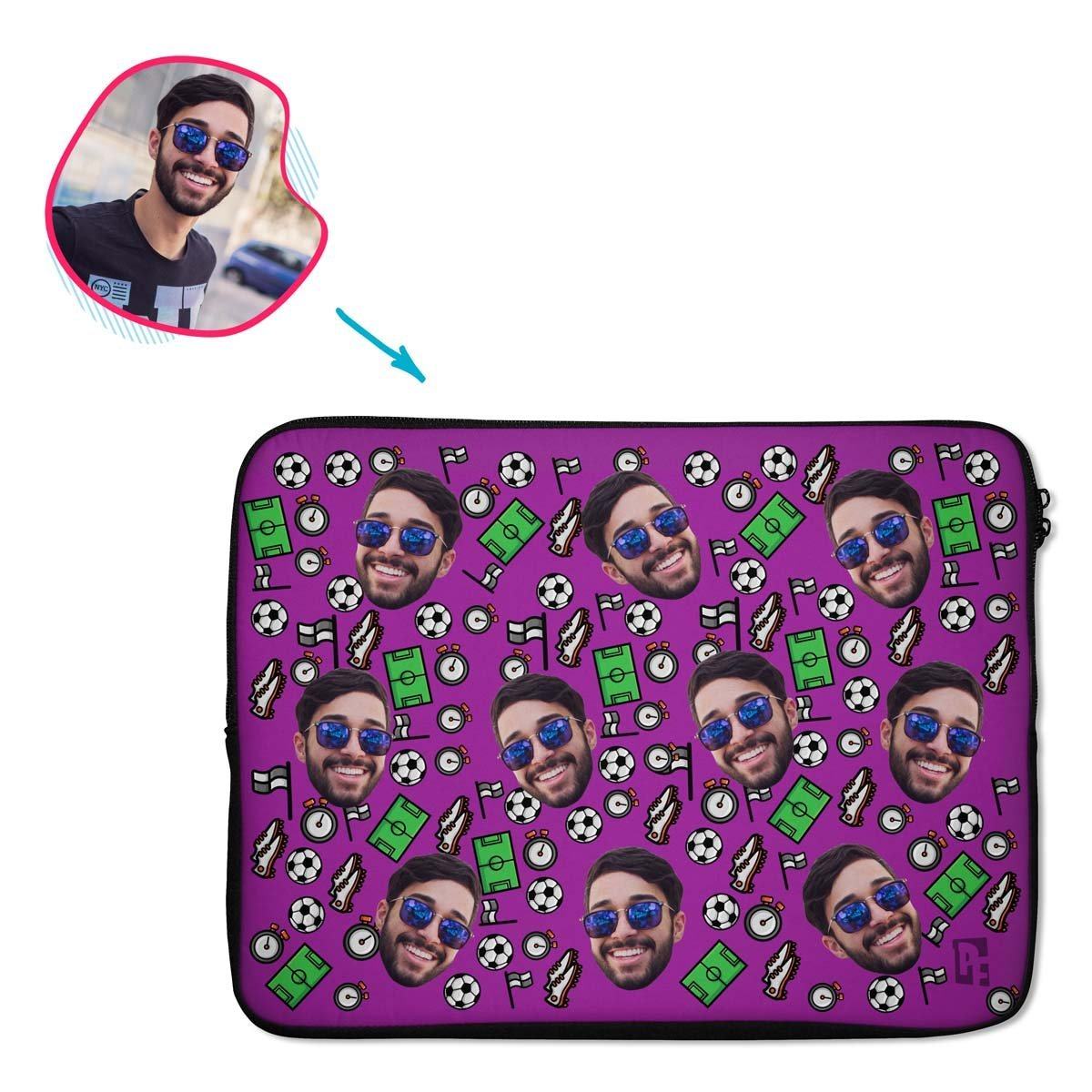 purple Football laptop sleeve personalized with photo of face printed on them