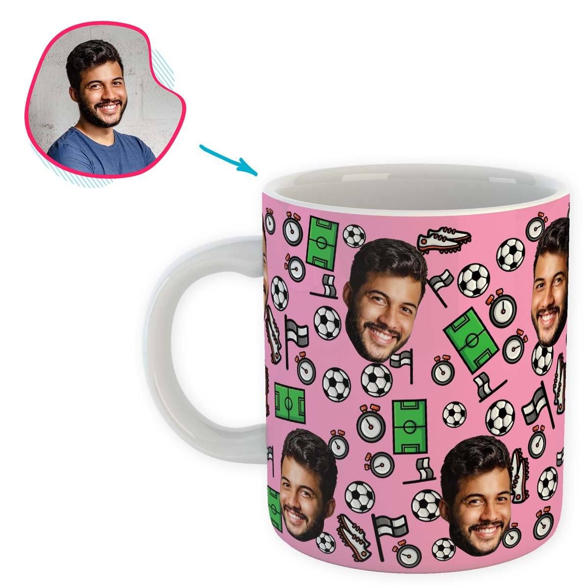 pink Football mug personalized with photo of face printed on it