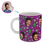 Load image into Gallery viewer, purple Football mug personalized with photo of face printed on it
