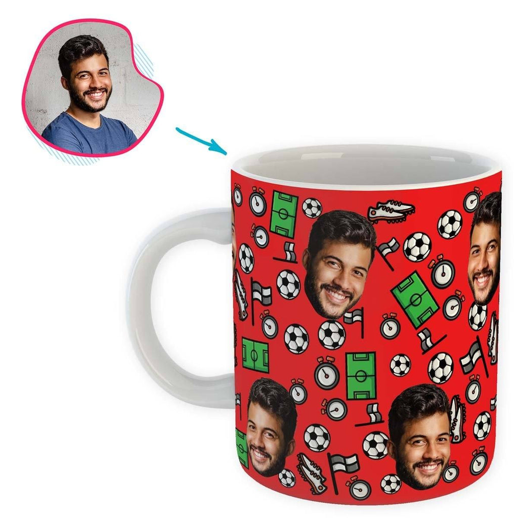 red Football mug personalized with photo of face printed on it