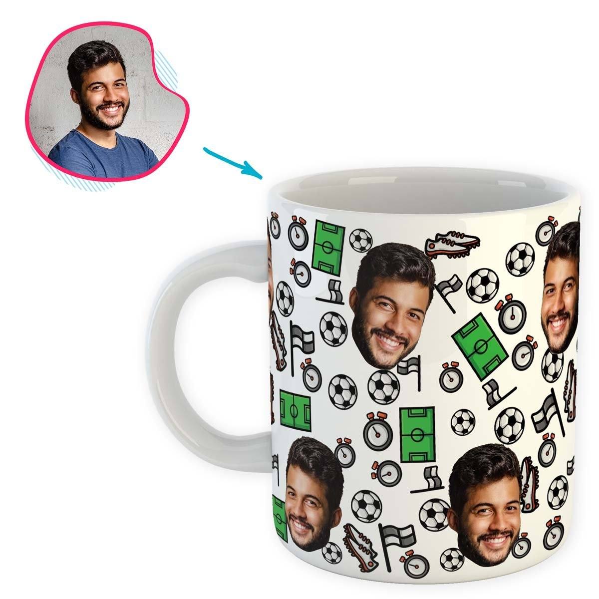 white Football mug personalized with photo of face printed on it