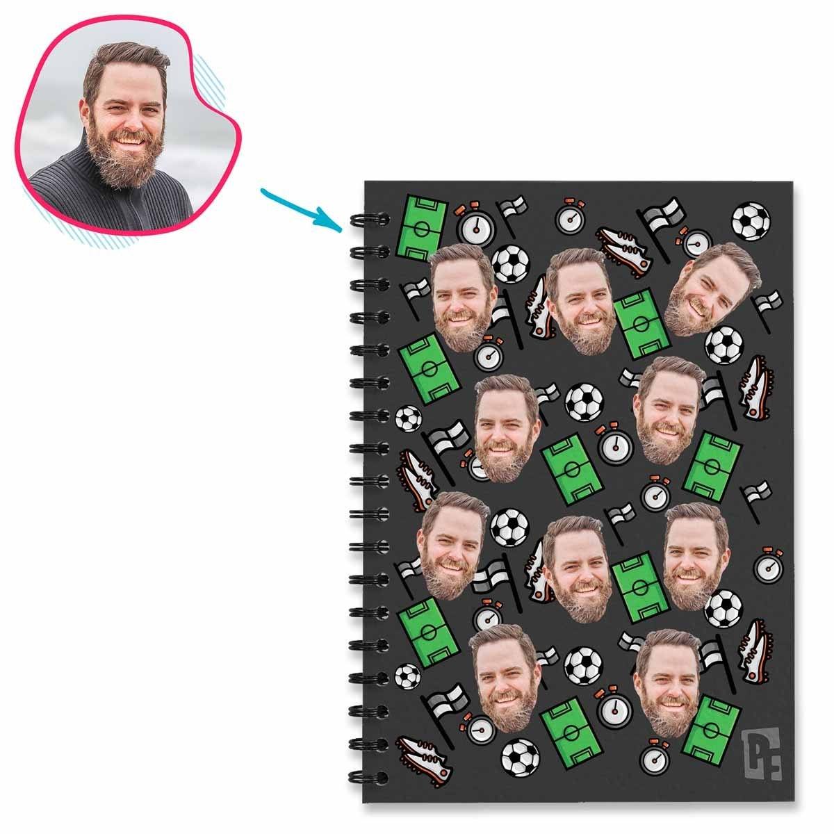dark Football Notebook personalized with photo of face printed on them