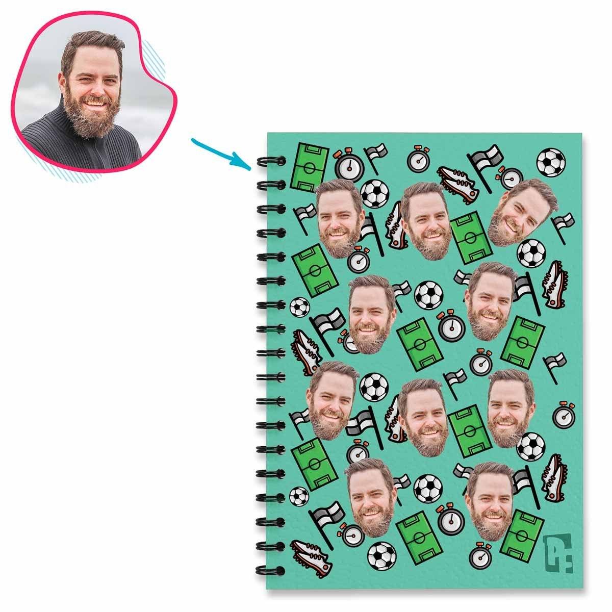 mint Football Notebook personalized with photo of face printed on them