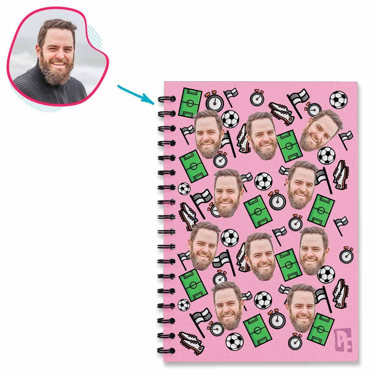 pink Football Notebook personalized with photo of face printed on them