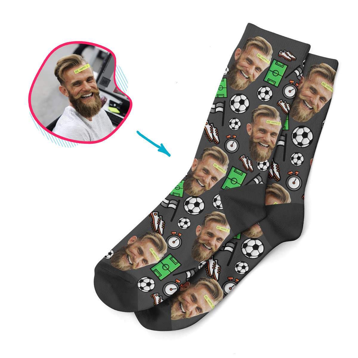 dark Football socks personalized with photo of face printed on them