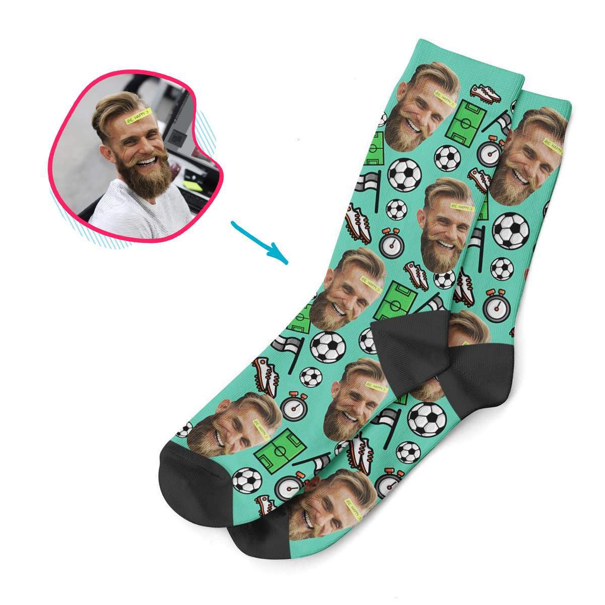mint Football socks personalized with photo of face printed on them