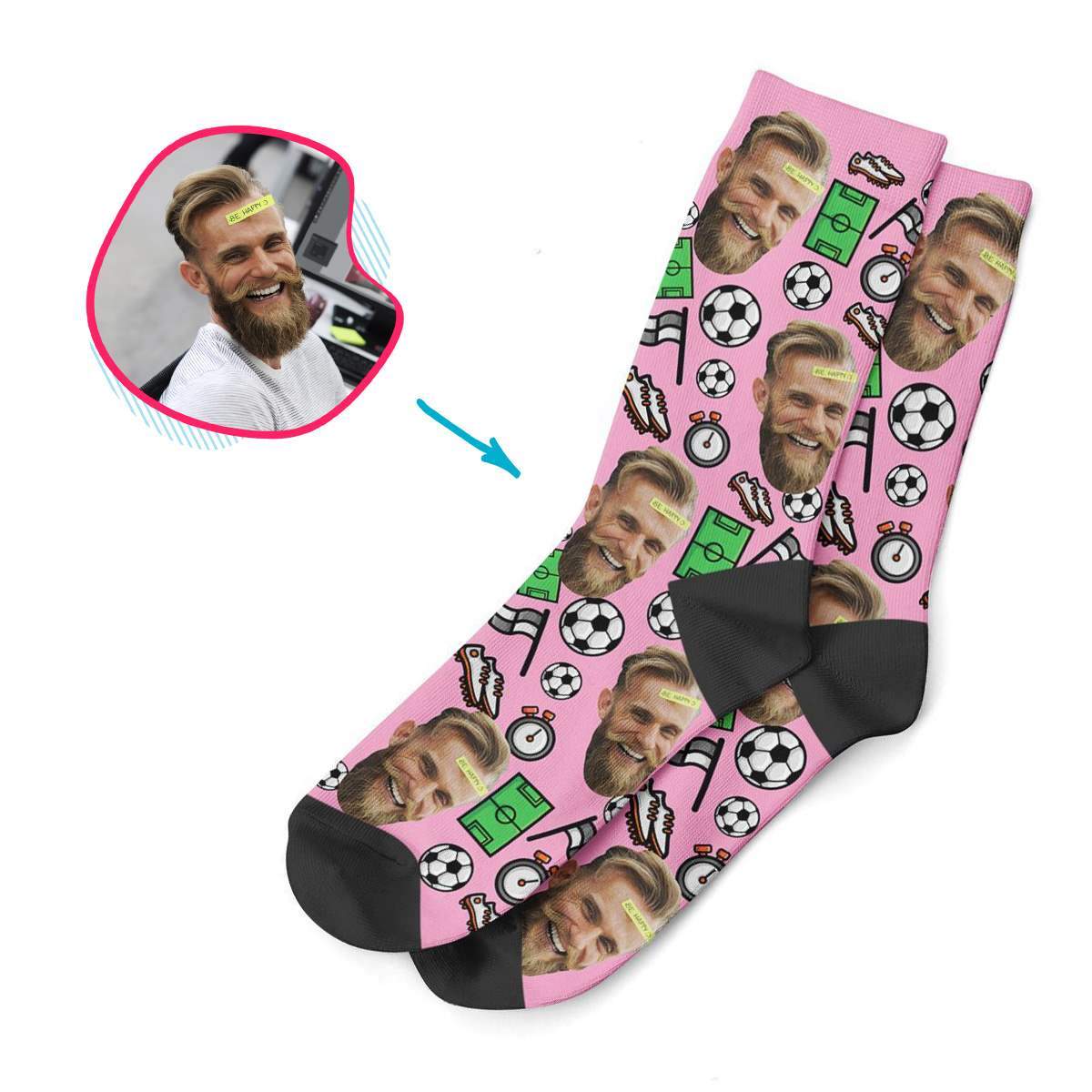 pink Football socks personalized with photo of face printed on them