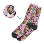 Load image into Gallery viewer, pink Football socks personalized with photo of face printed on them
