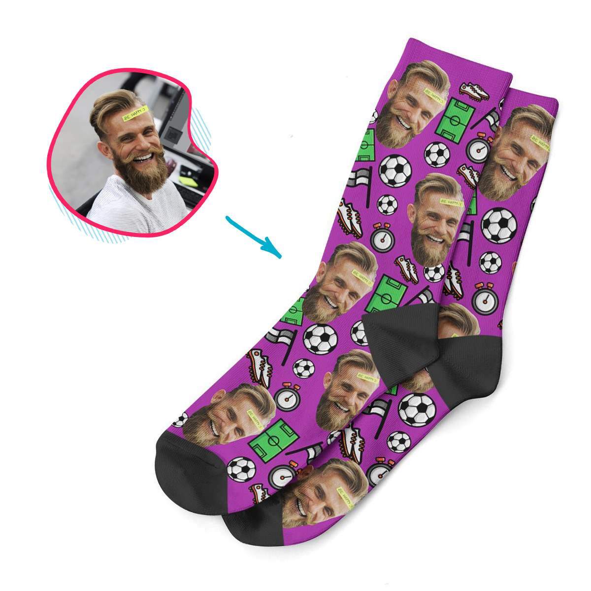 purple Football socks personalized with photo of face printed on them