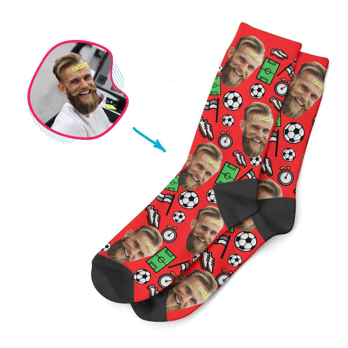 red Football socks personalized with photo of face printed on them