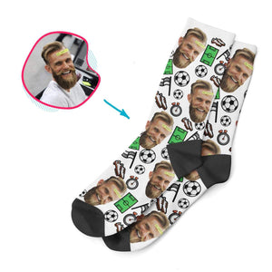 white Football socks personalized with photo of face printed on them
