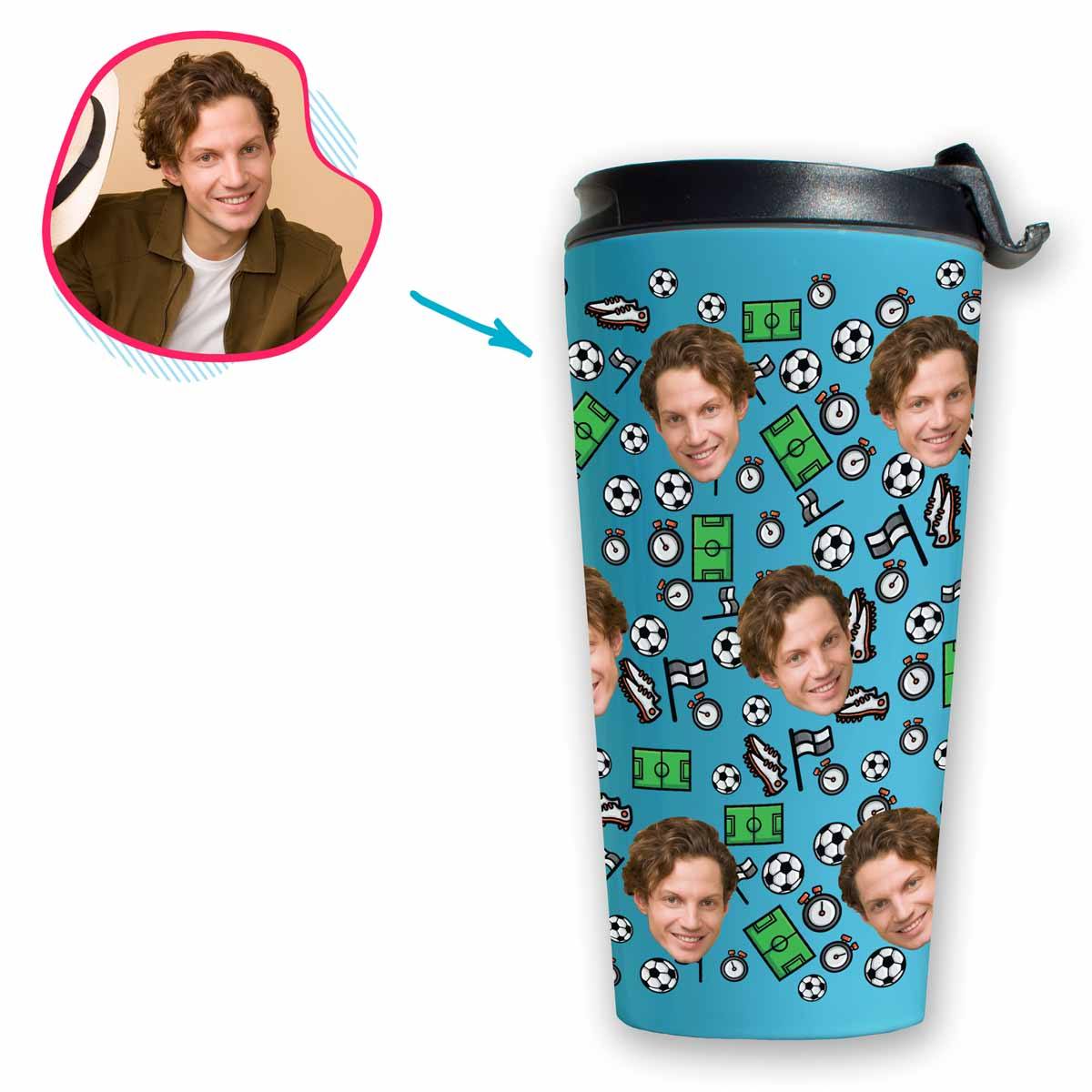 blue Football travel mug personalized with photo of face printed on it