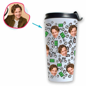white Football travel mug personalized with photo of face printed on it