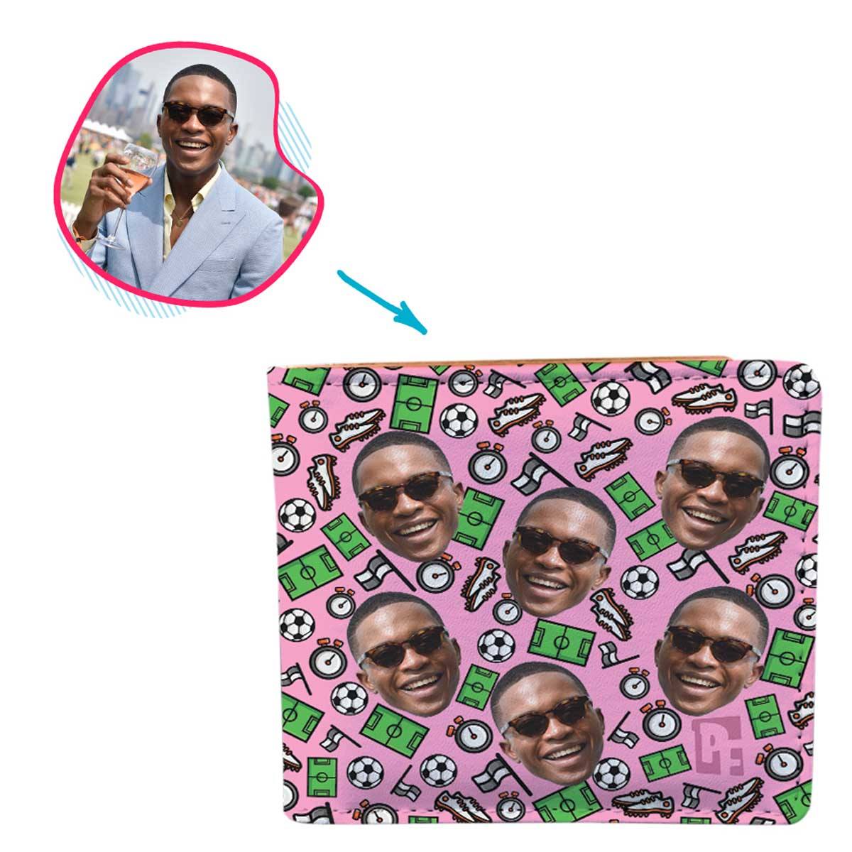 pink Football wallet personalized with photo of face printed on it
