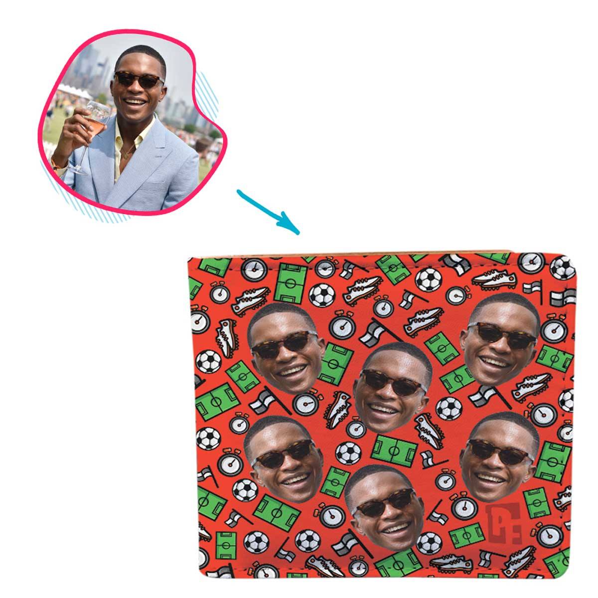 red Football wallet personalized with photo of face printed on it