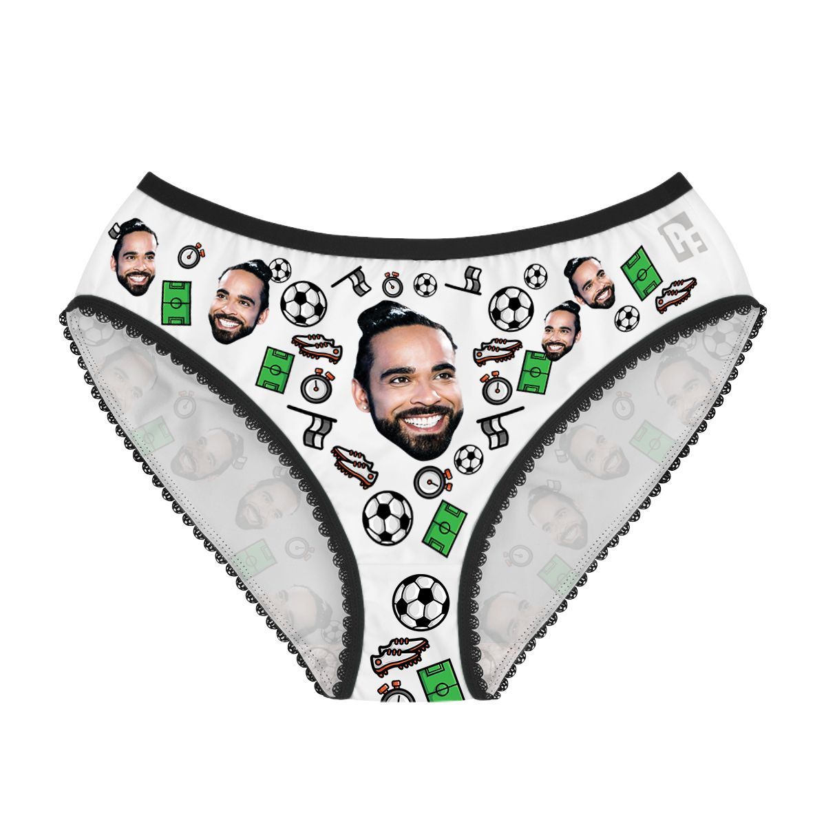 White Football women's underwear briefs personalized with photo printed on them