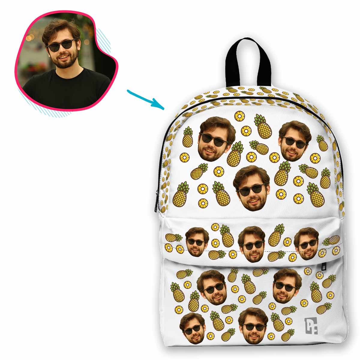 white Fruits classic backpack personalized with photo of face printed on it